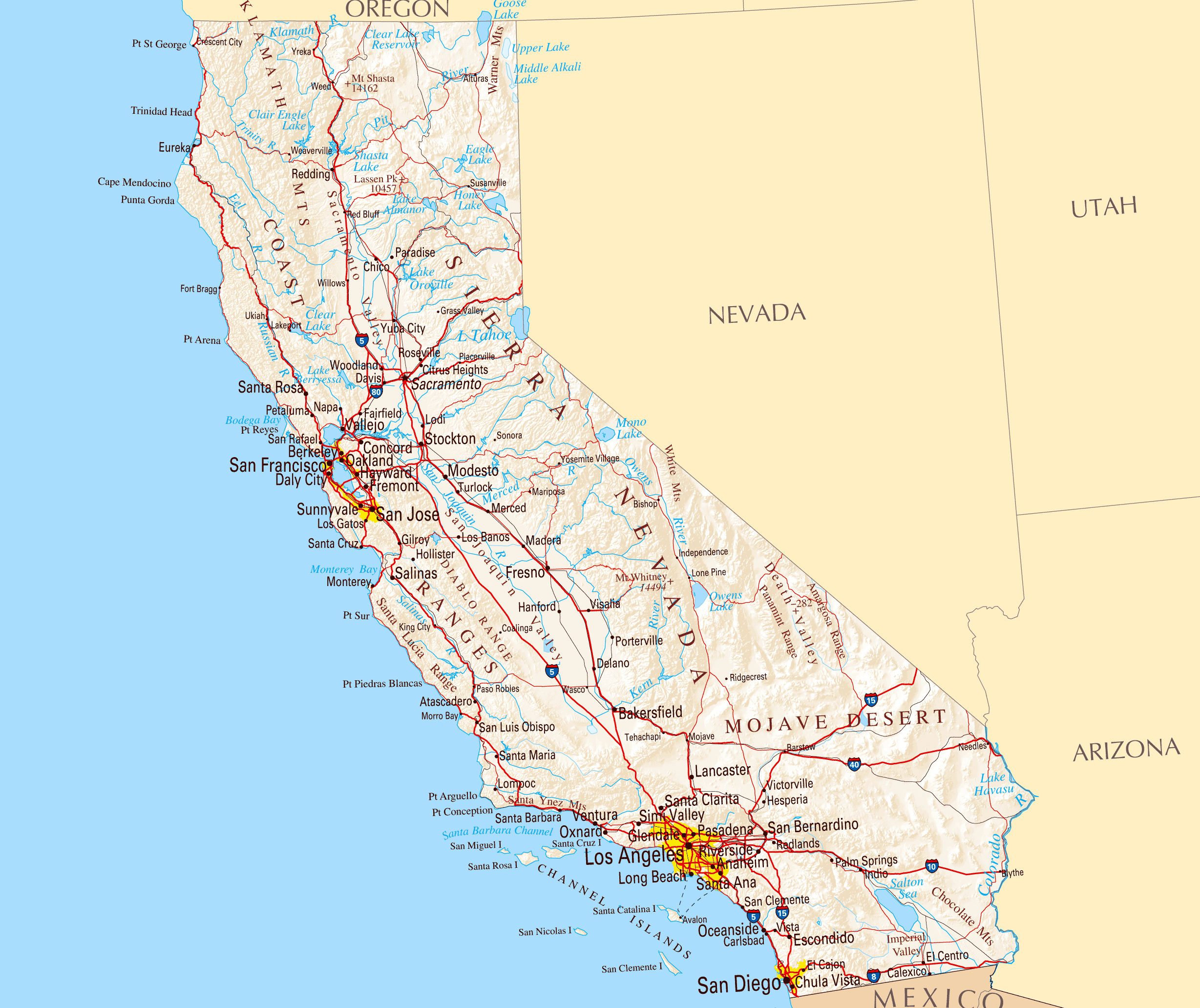 Large road map of California sate with relief and cities | California