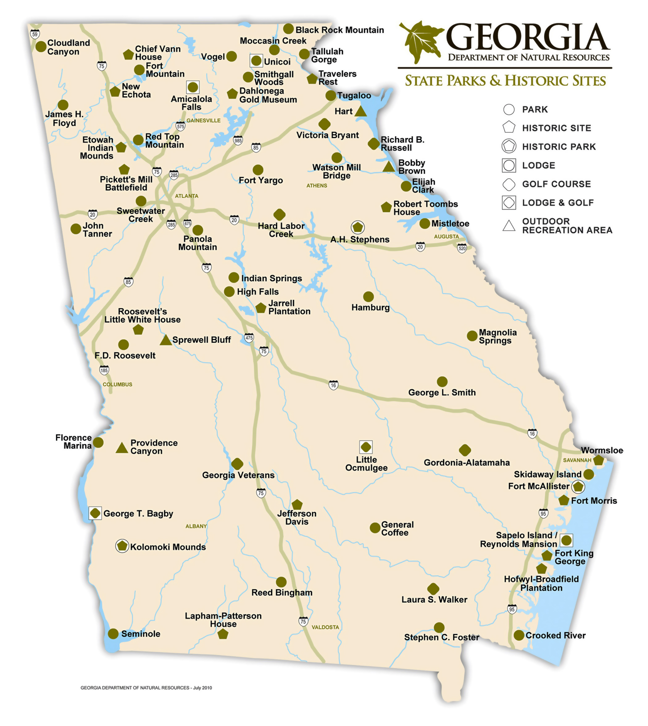 Large Detailed State Parks And Historic Sites Map Of Georgia Georgia