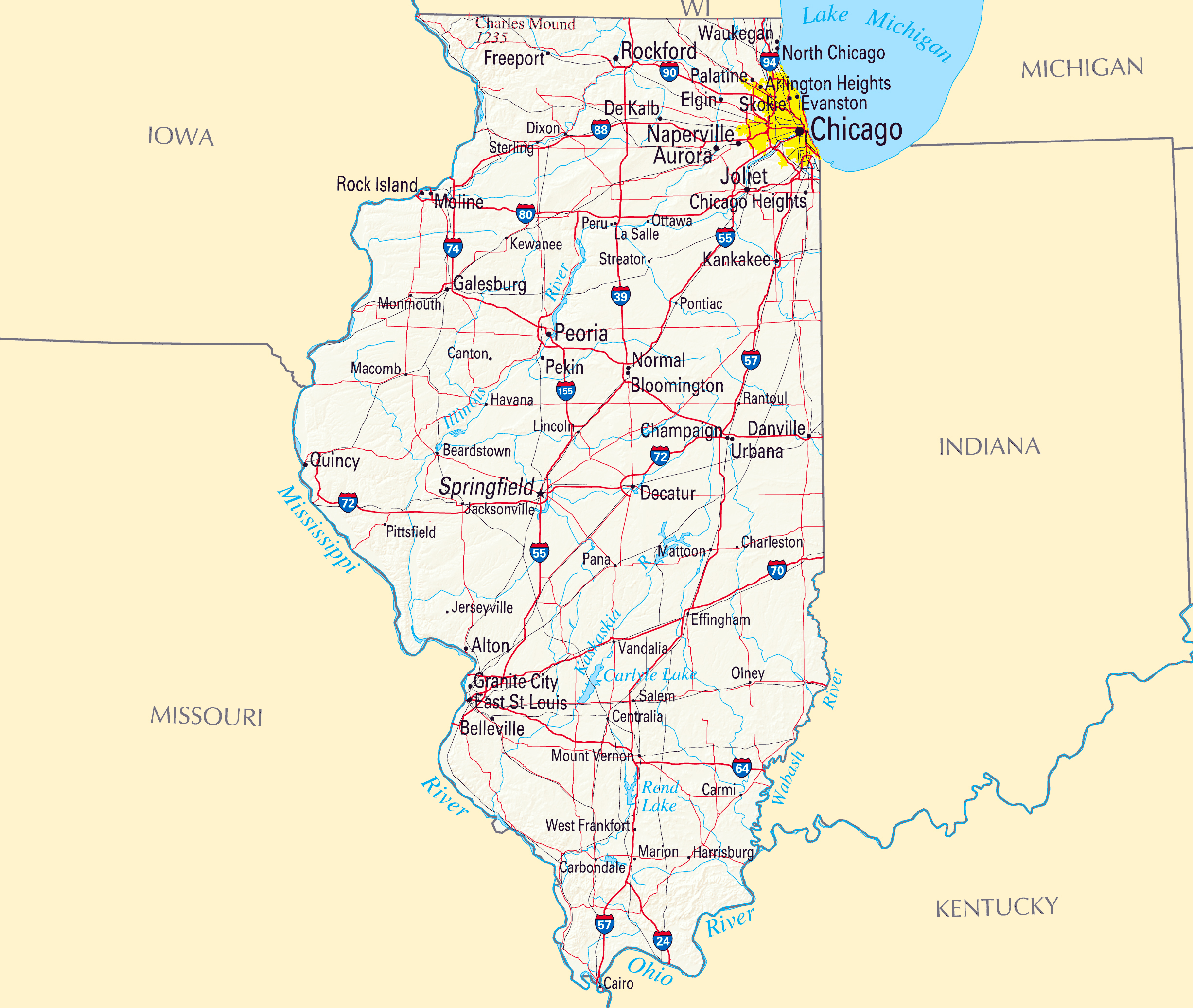 Major Cities In Illinois Map Large map of Illinois state with roads, highways, relief and major 