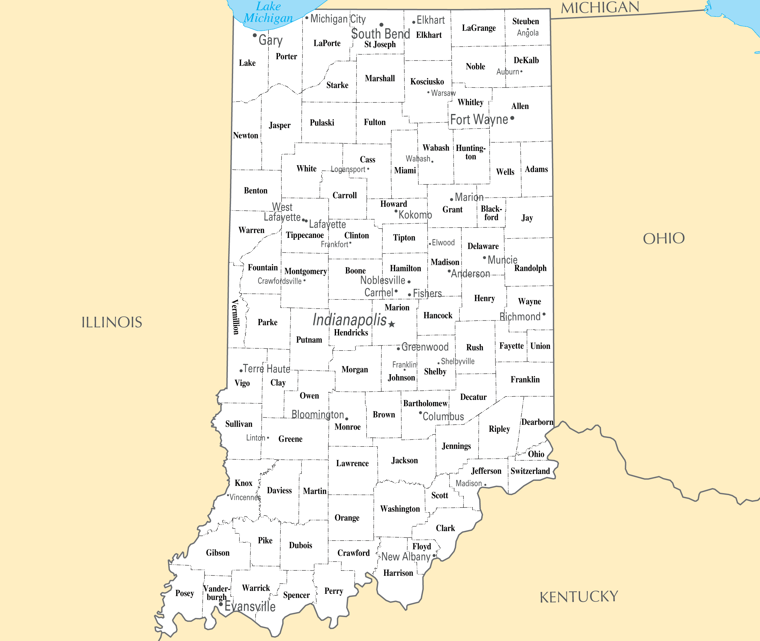 Large administrative map of Indiana state with major cities | Indiana