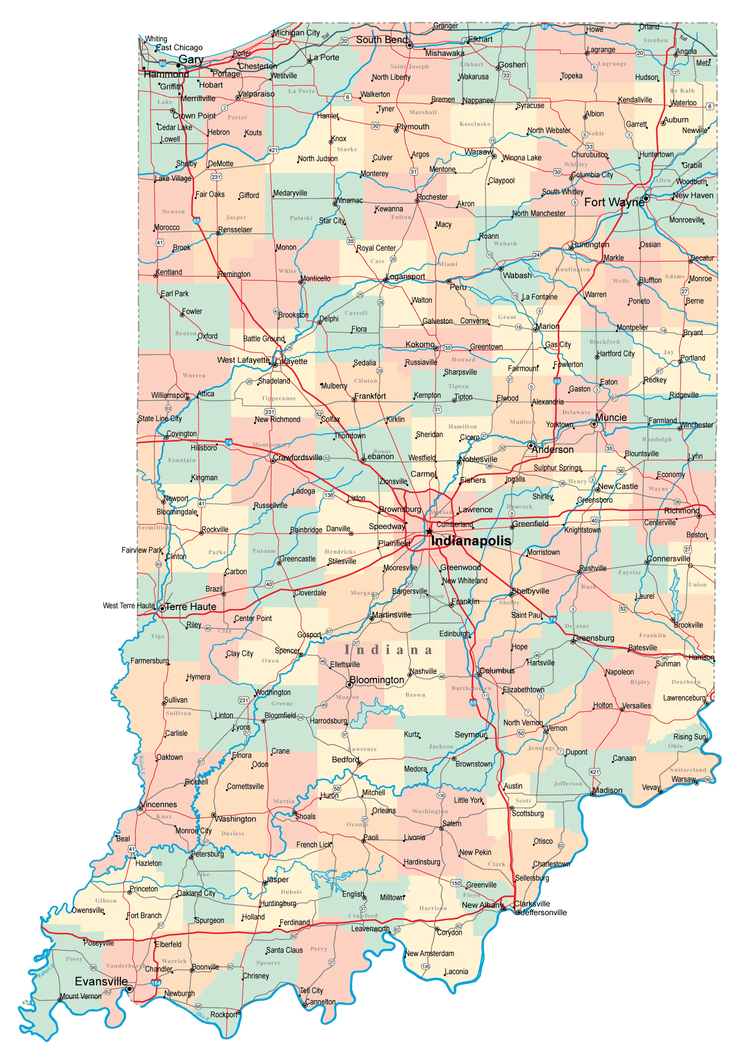 Large administrative map of Indiana state with roads, highways and