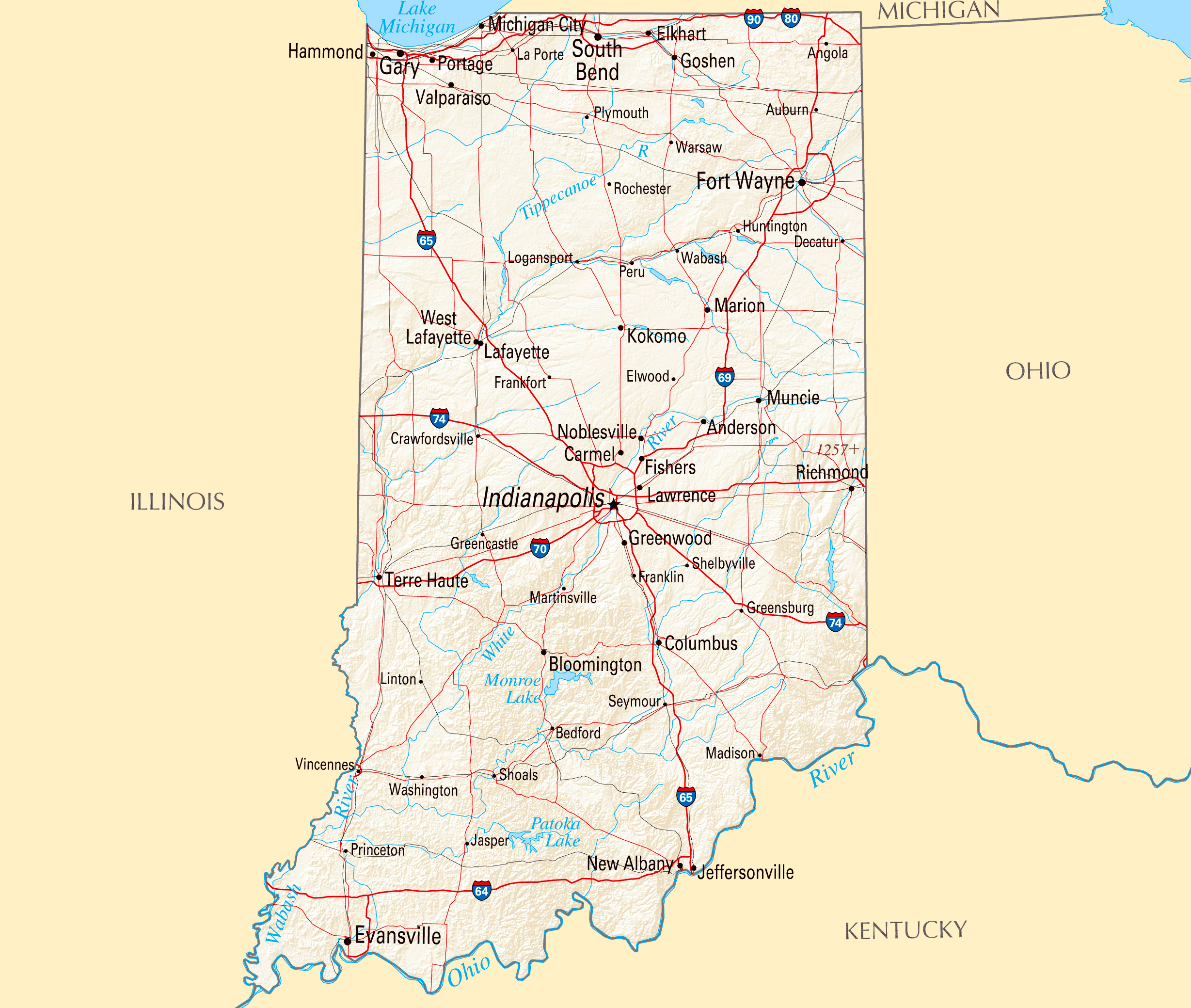 Indiana On State Map Large Detailed Map Of Indiana State With Roads, Highways, Relief And Major  Cities | Indiana State | Usa | Maps Of The Usa | Maps Collection Of The  United States Of America