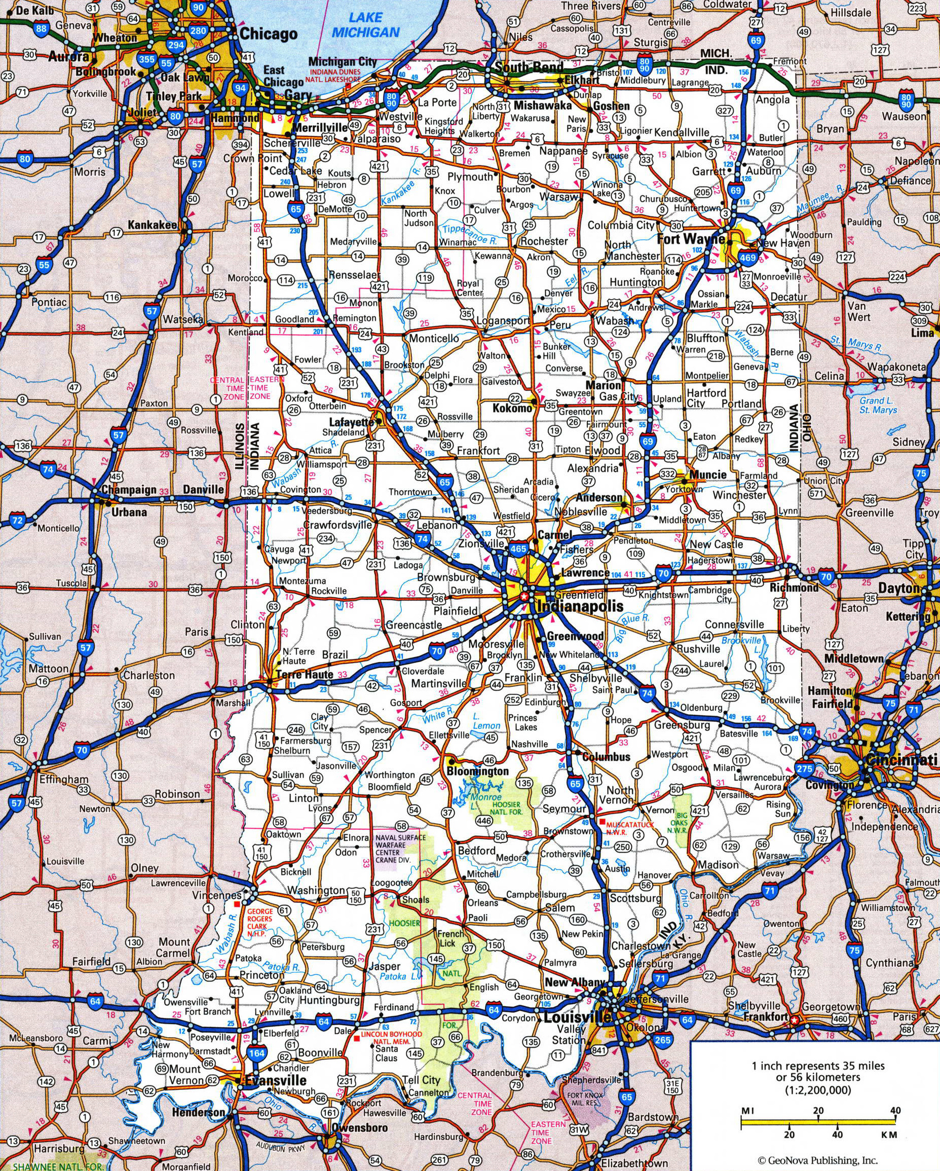 Large detailed roads and highways map of Indiana state with all
