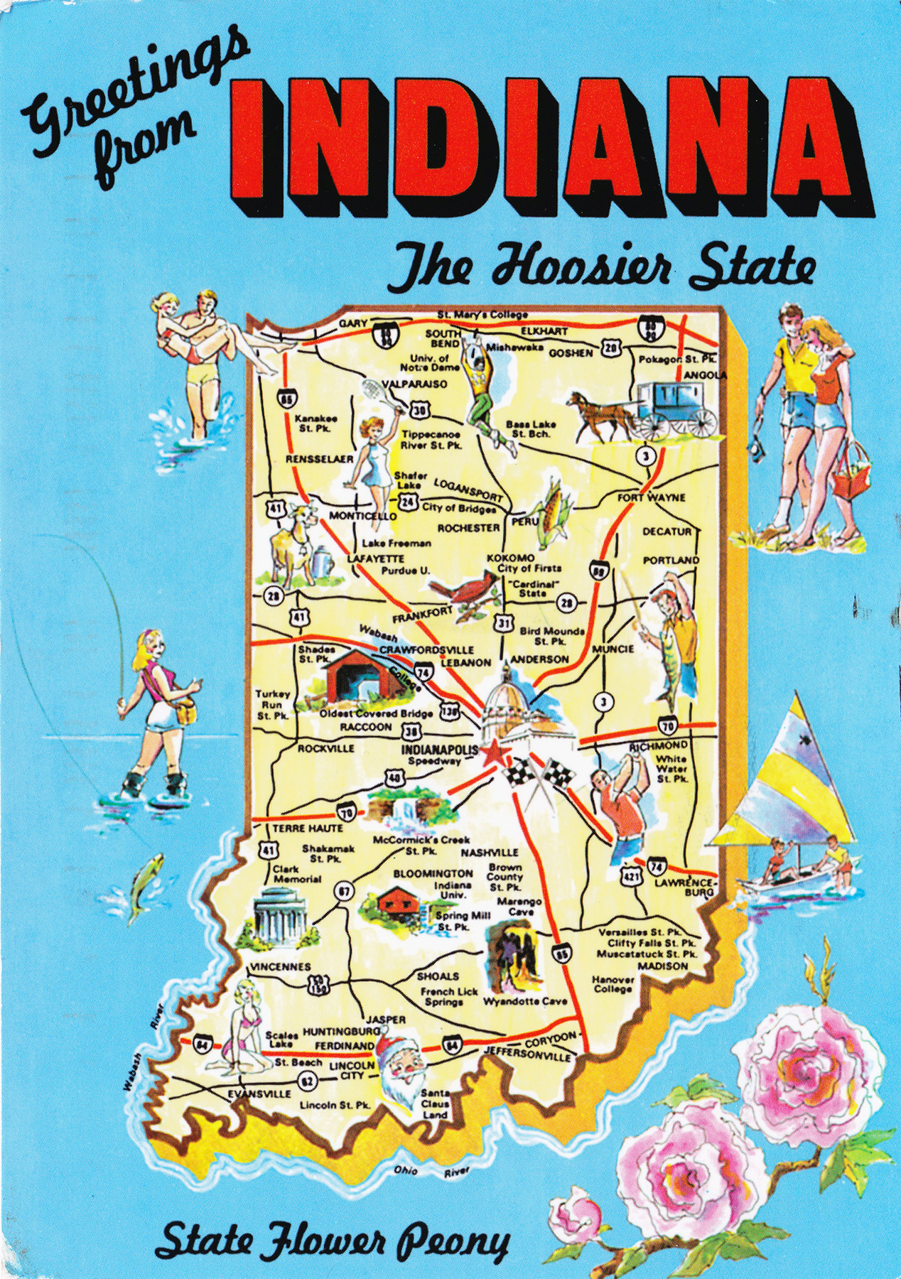 Large detailed tourist illustrated map of Indiana state Indiana state