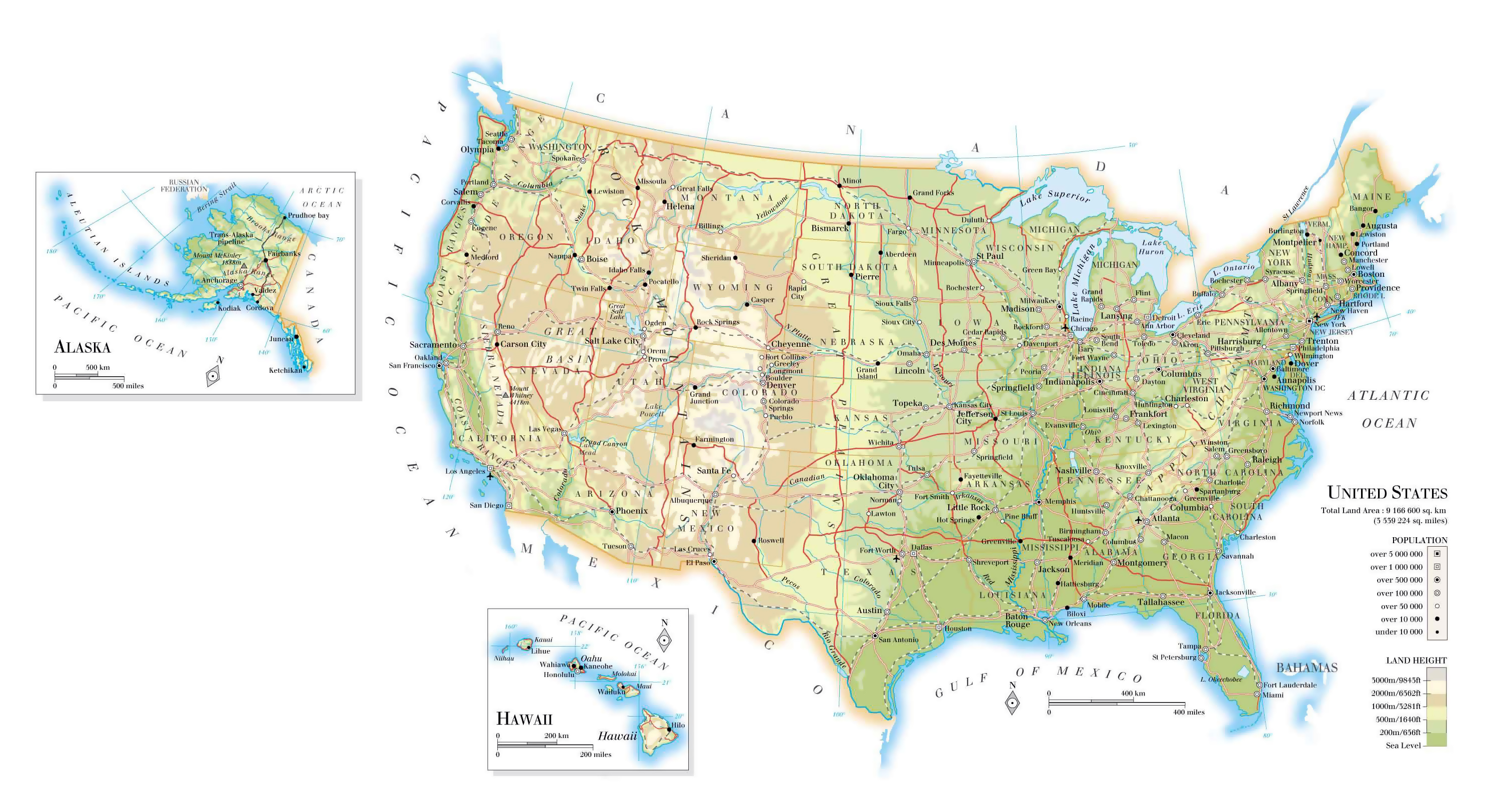 large elevation map of the usa with roads major cities