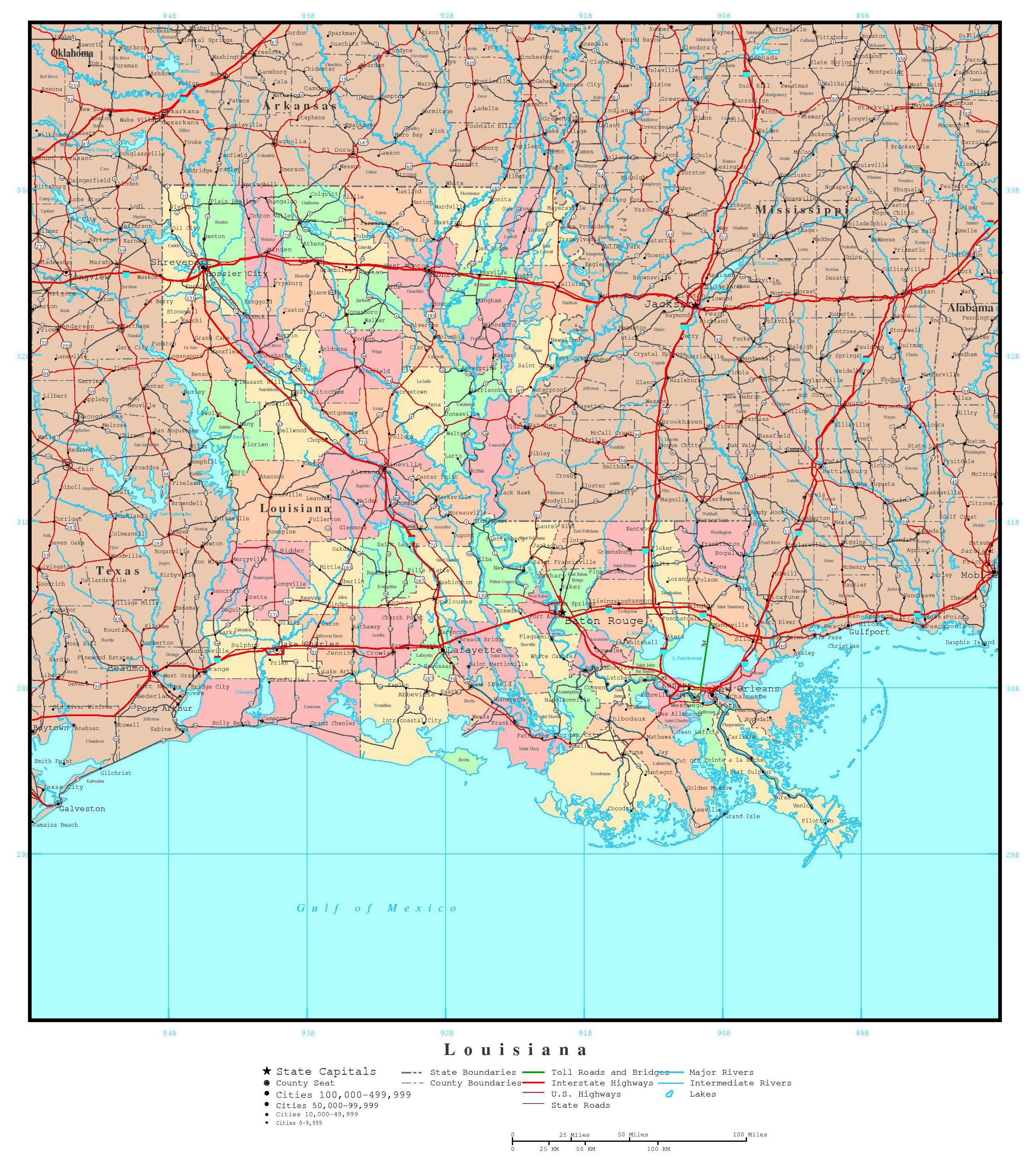 Large detailed administrative map of Louisiana state with roads, highways and major cities ...