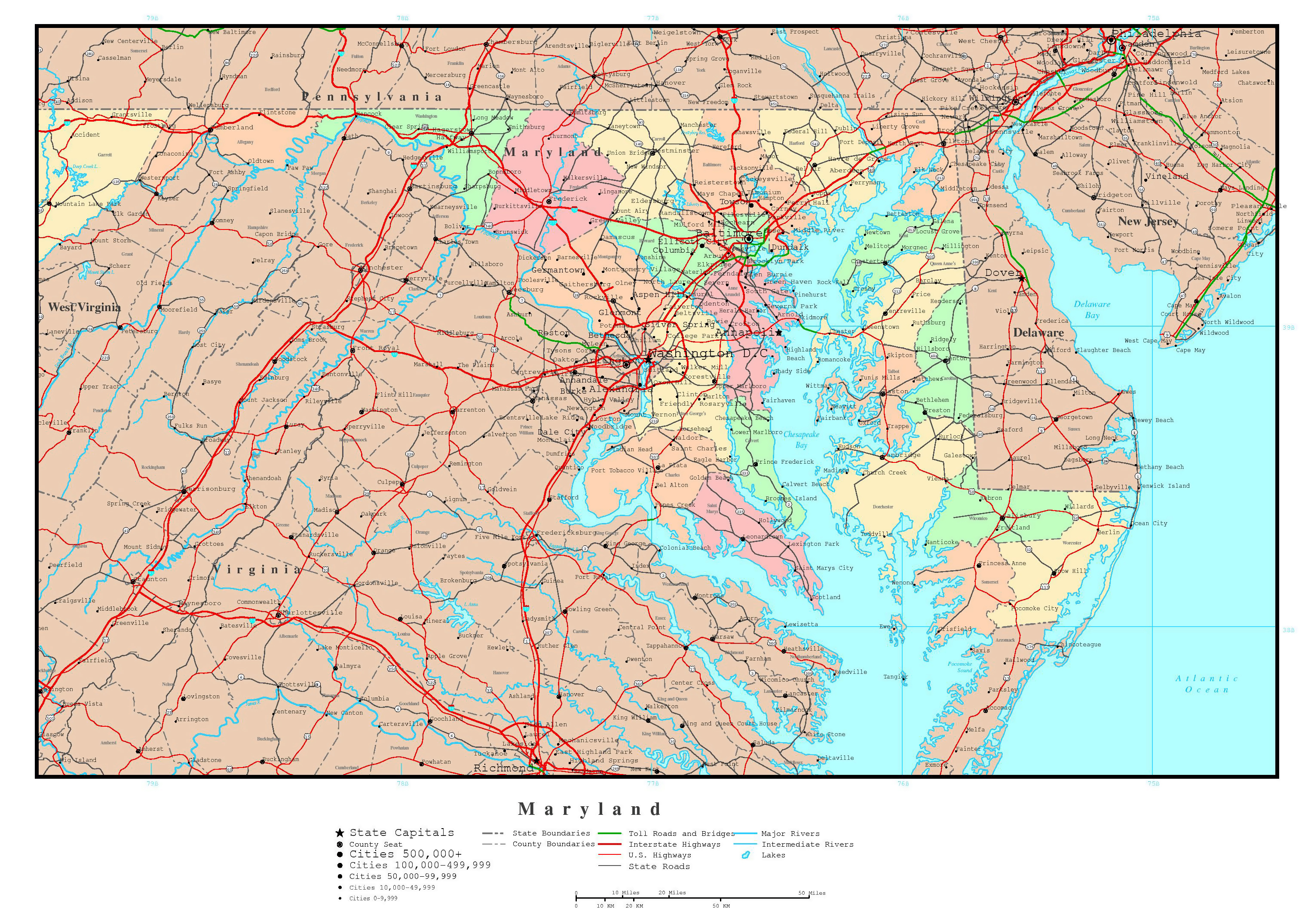Large Detailed Administrative Map Of Maryland State With Roads Highways And Major Cities 