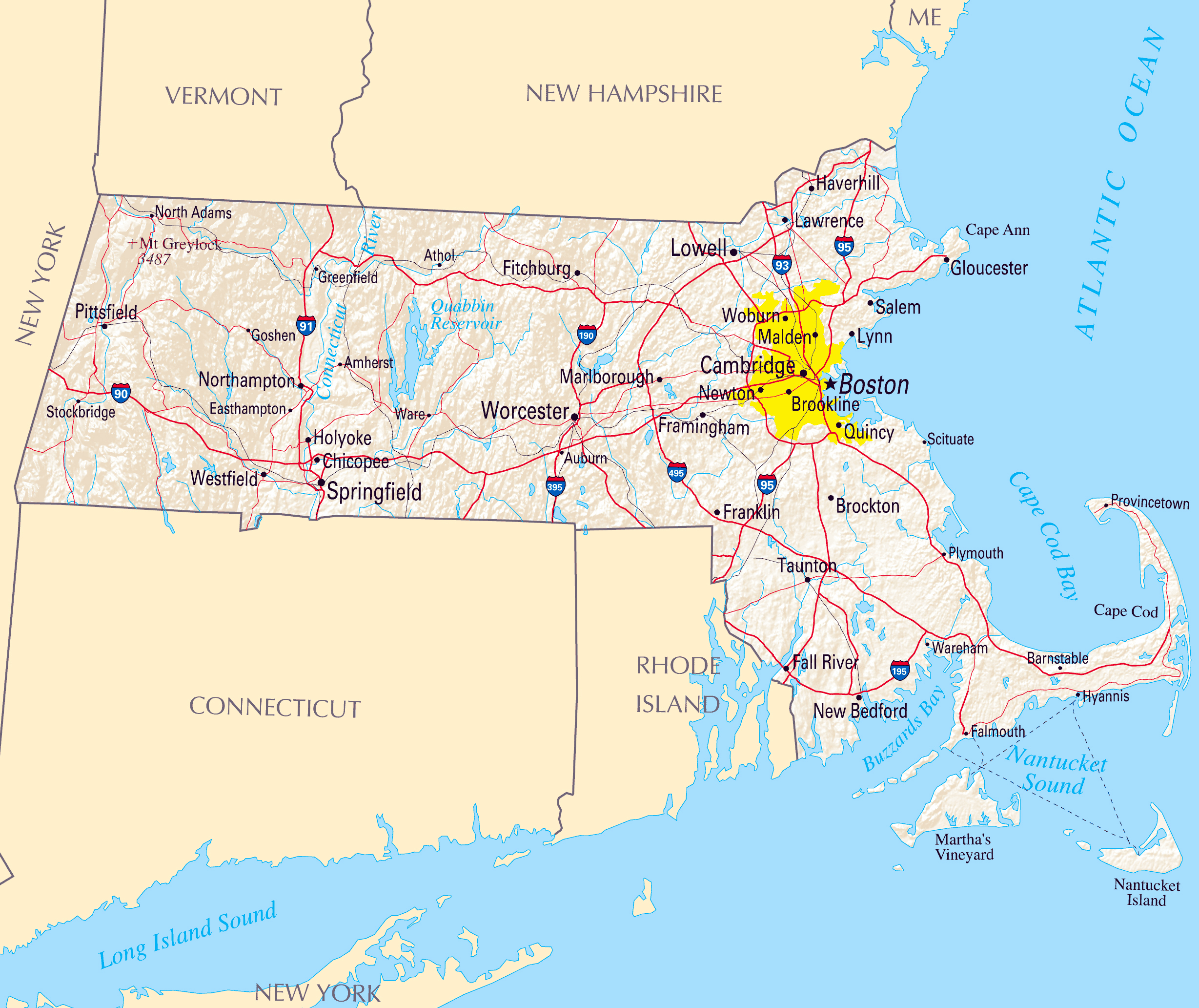 Large Map Of Massachusetts State With Roads Highways Relief And Major Cities 