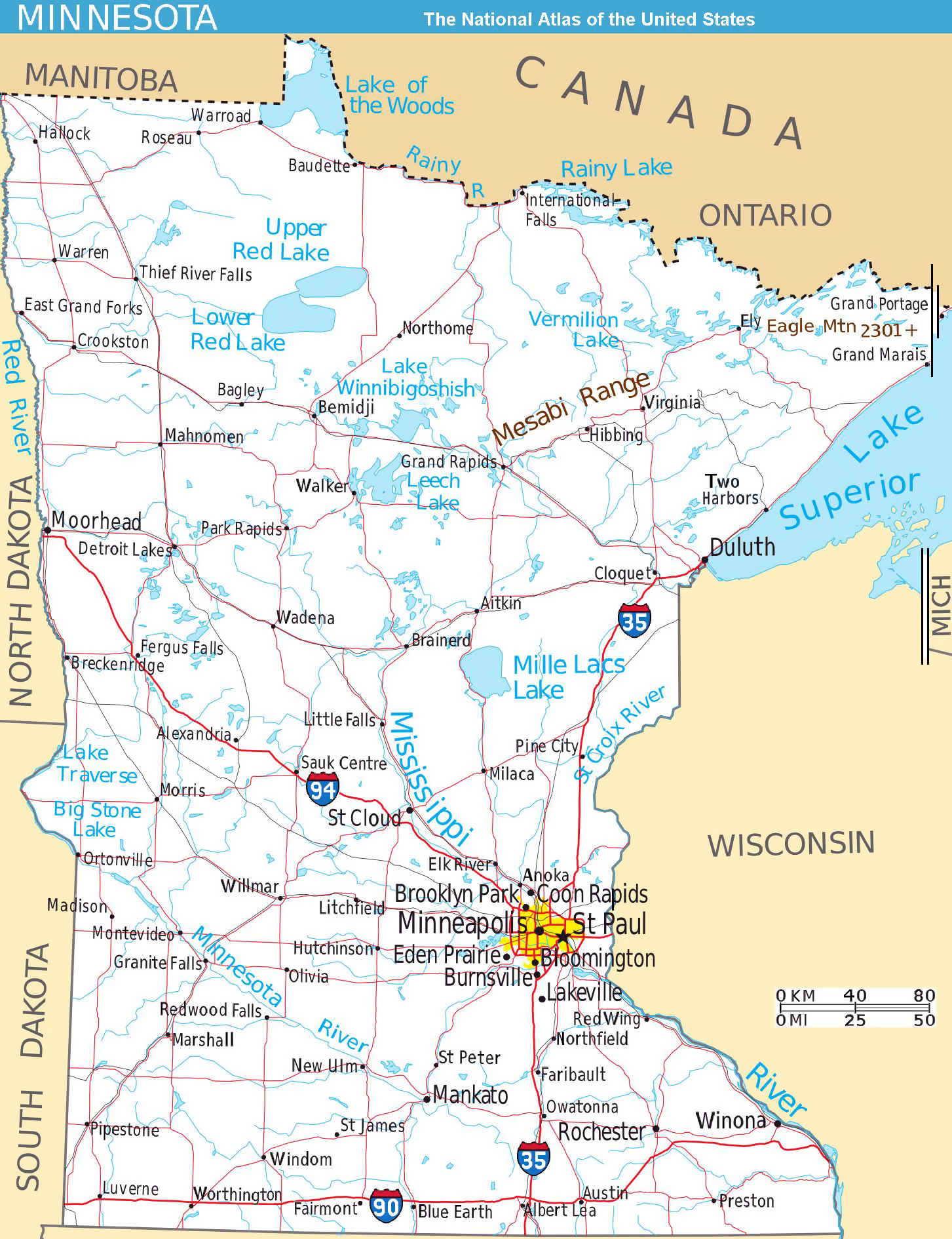 Large detailed map of Minnesota state with roads and major 