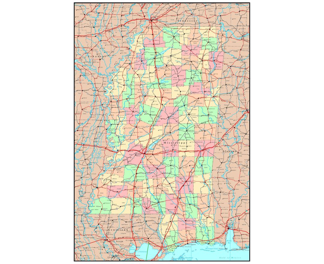 Large detailed roads and highways map of Mississippi state with all cities, Mississippi state, USA, Maps of the USA