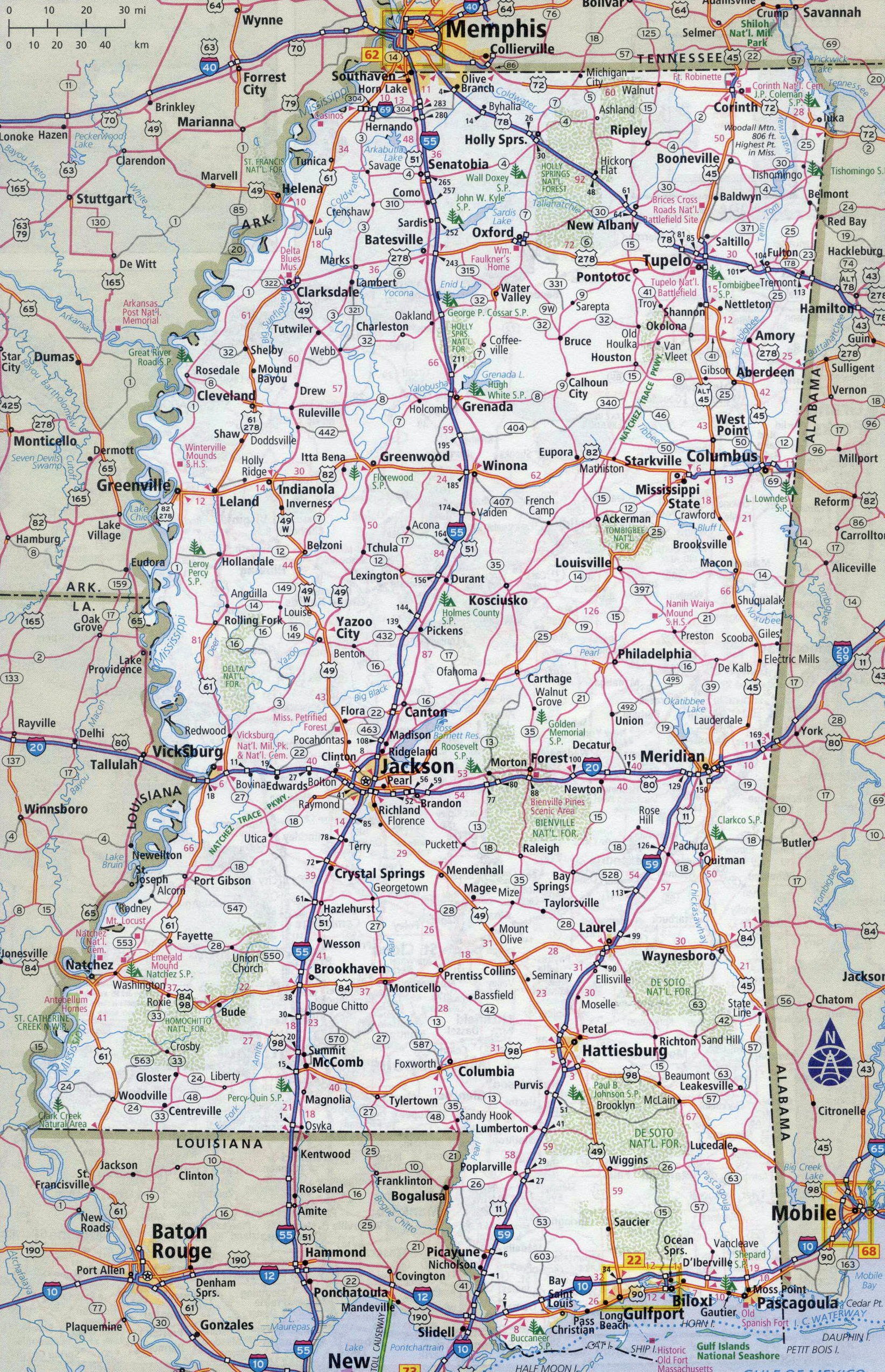 Mississippi detailed roads map with cities and highways.Free