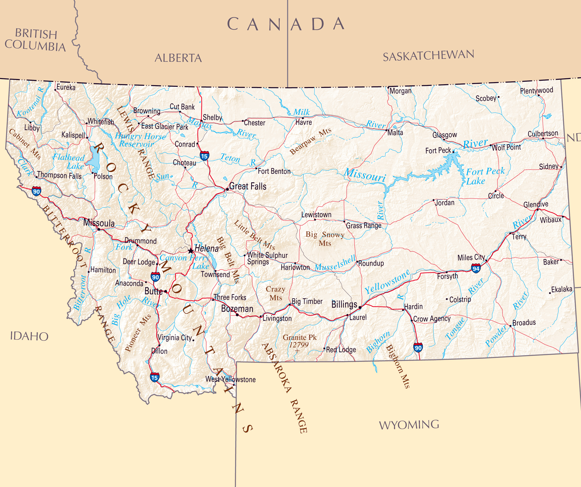 Large Map Of Montana State With Roads Highways Relief And Major Cities 