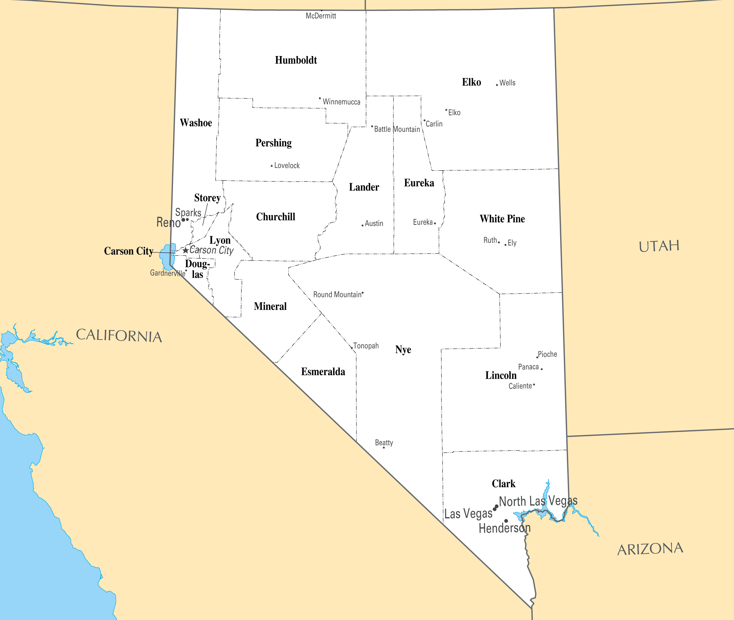 Large Administrative Map Of Nevada State With Major Cities Nevada