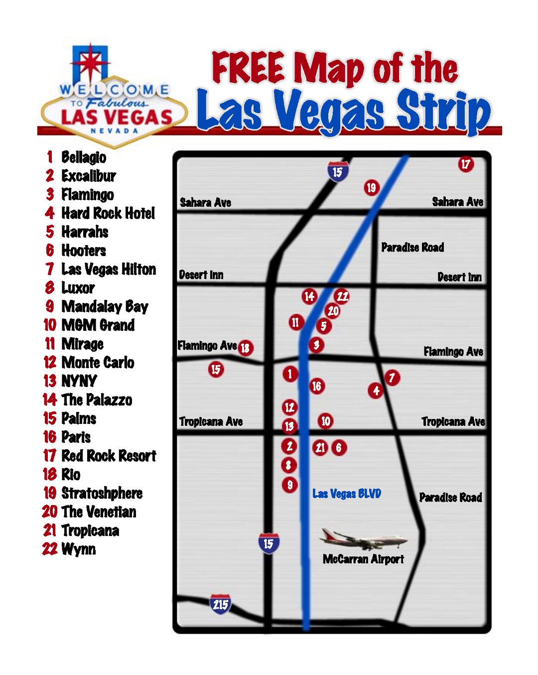 Large map of the Las Vegas strip Las Vegas Nevada state USA