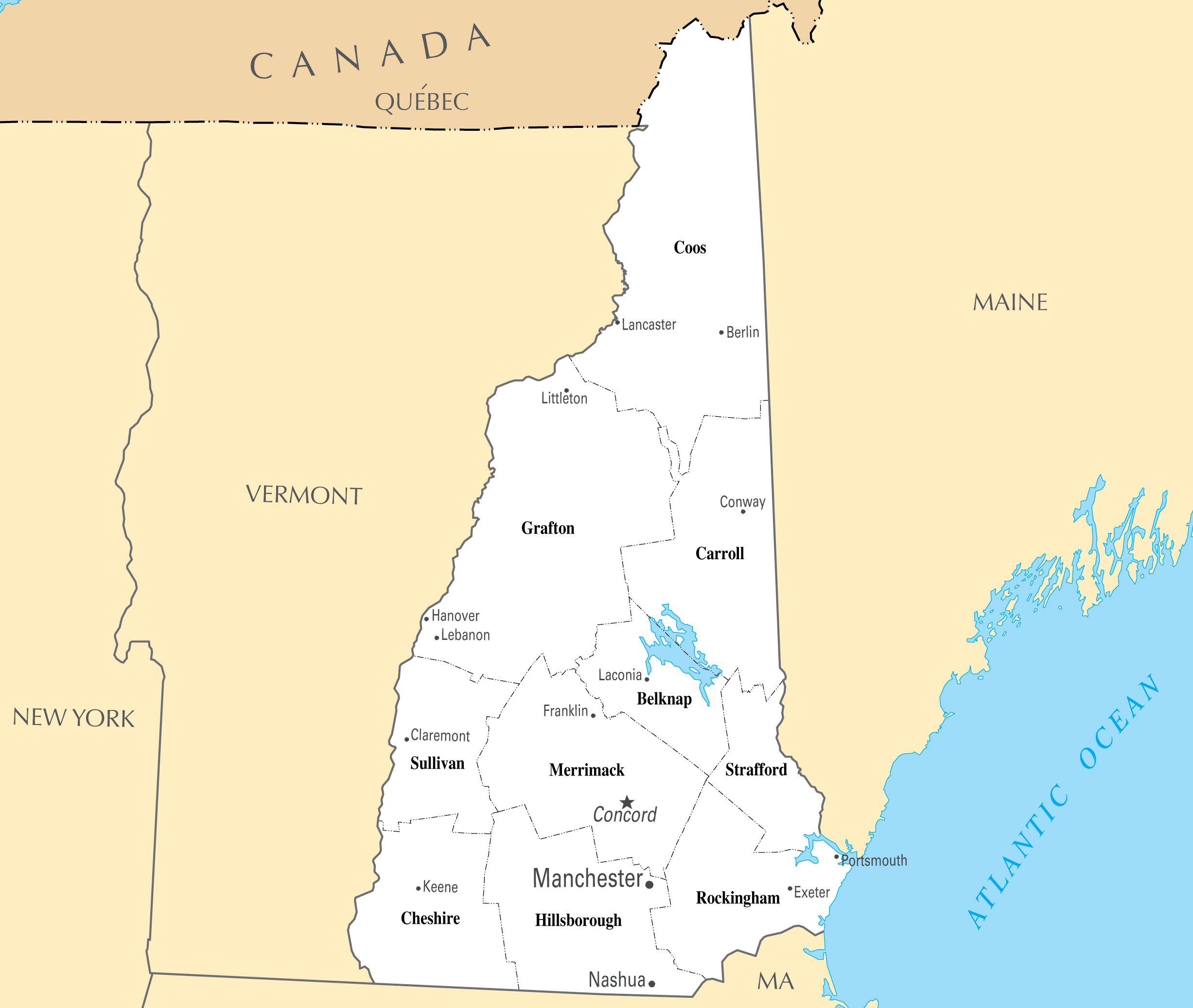 New Hampshire Map With Cities Large administrative map of New Hampshire state with major cities 