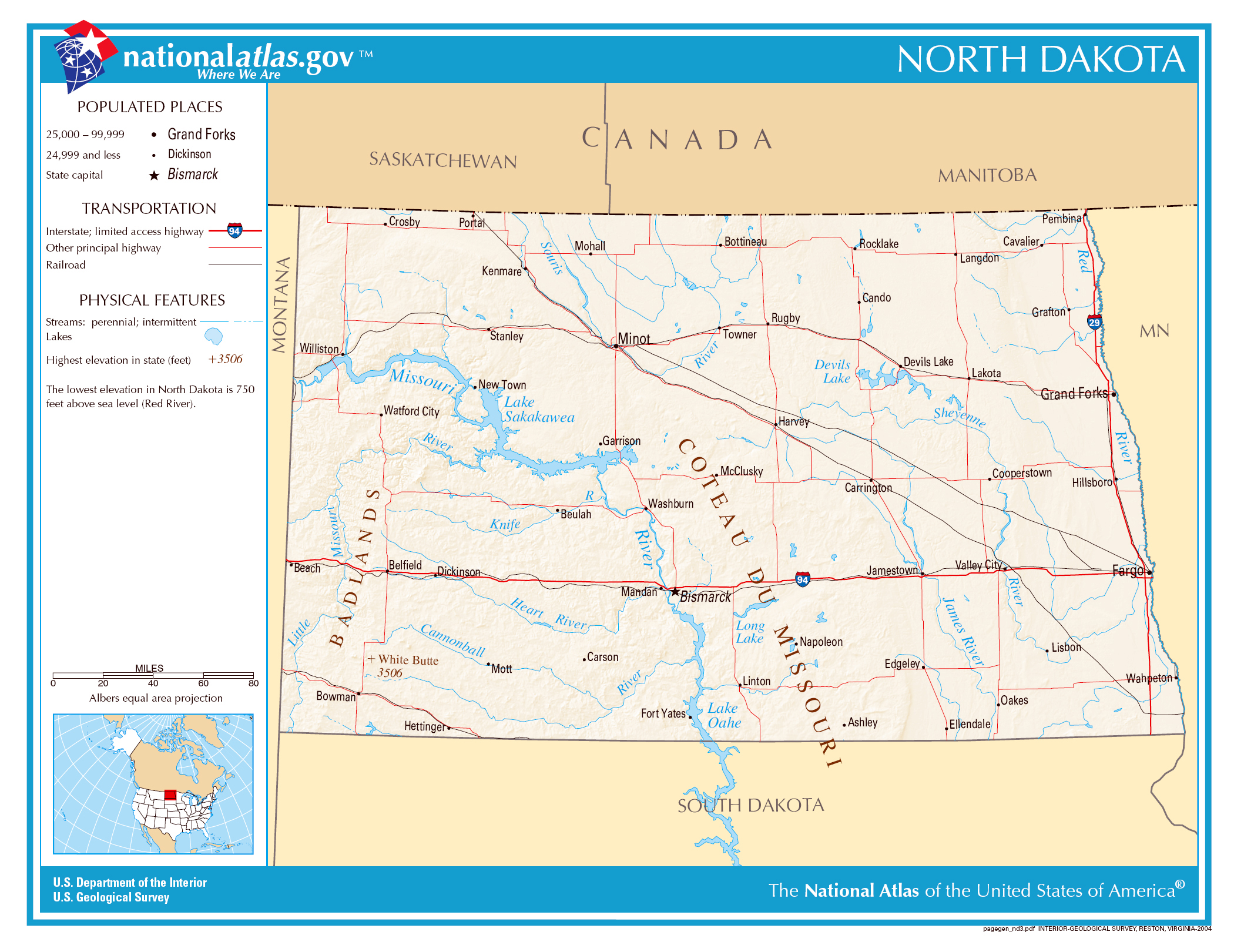 Large Detailed Map Of North Dakota State North Dakota State Usa