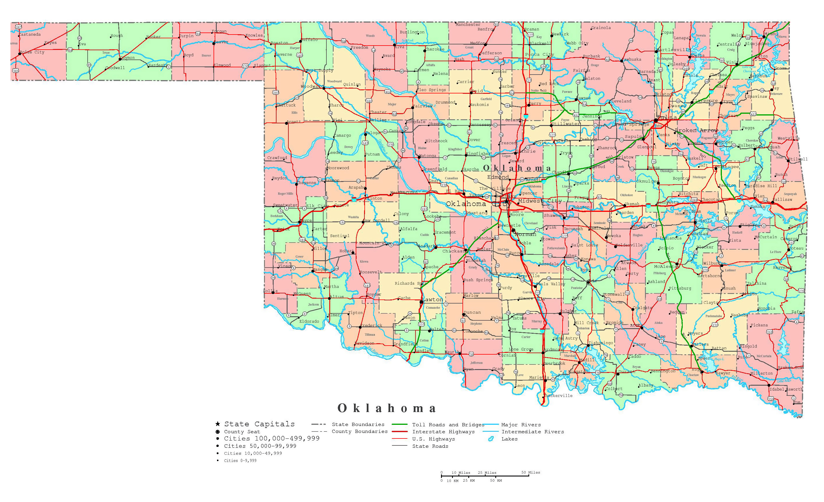 Large Detailed Administrative Map Of Oklahoma State With Roads Highways And Cities 