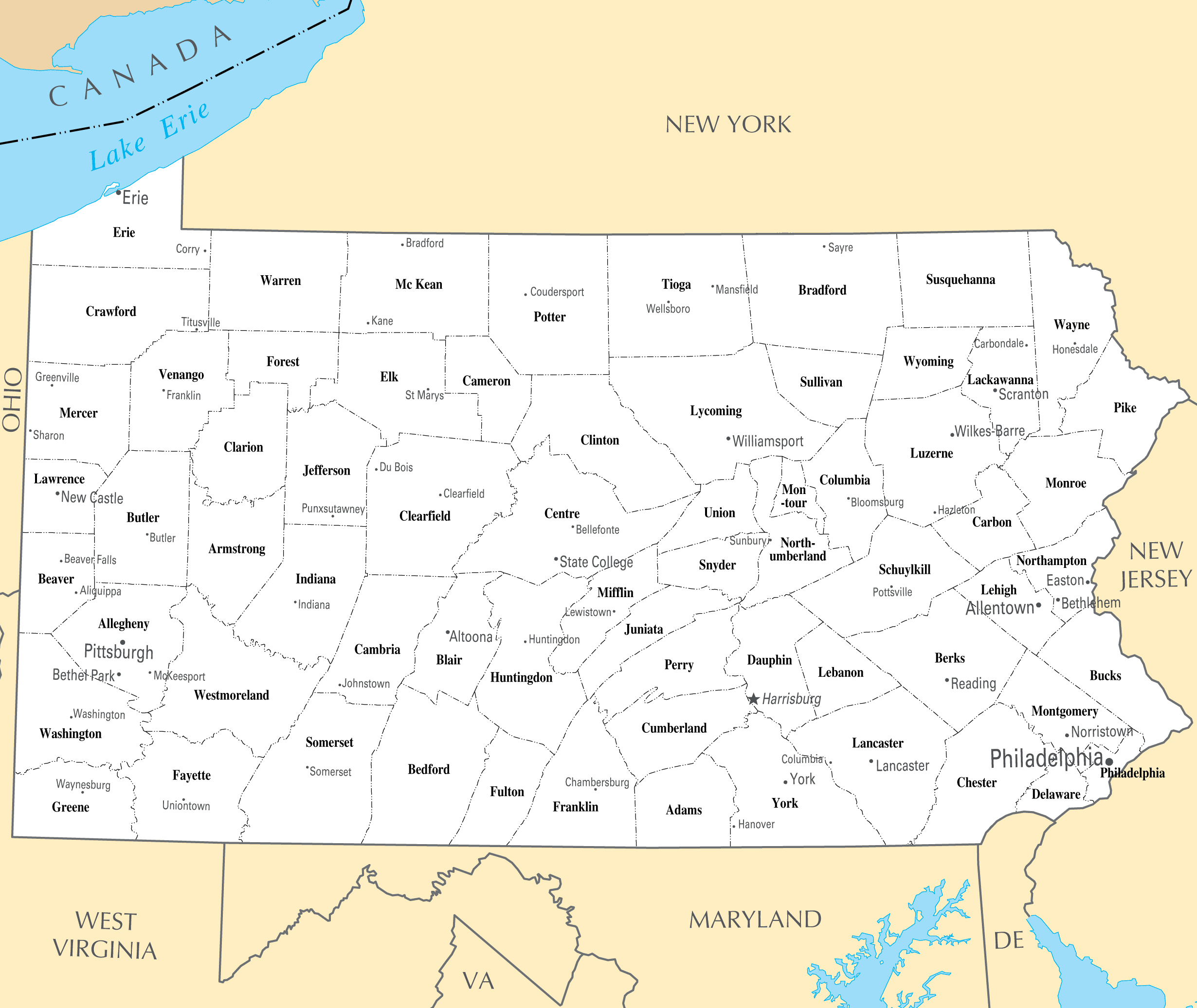 Pennsylvania State Map With Cities Large administrative map of Pennsylvania state with major cities 
