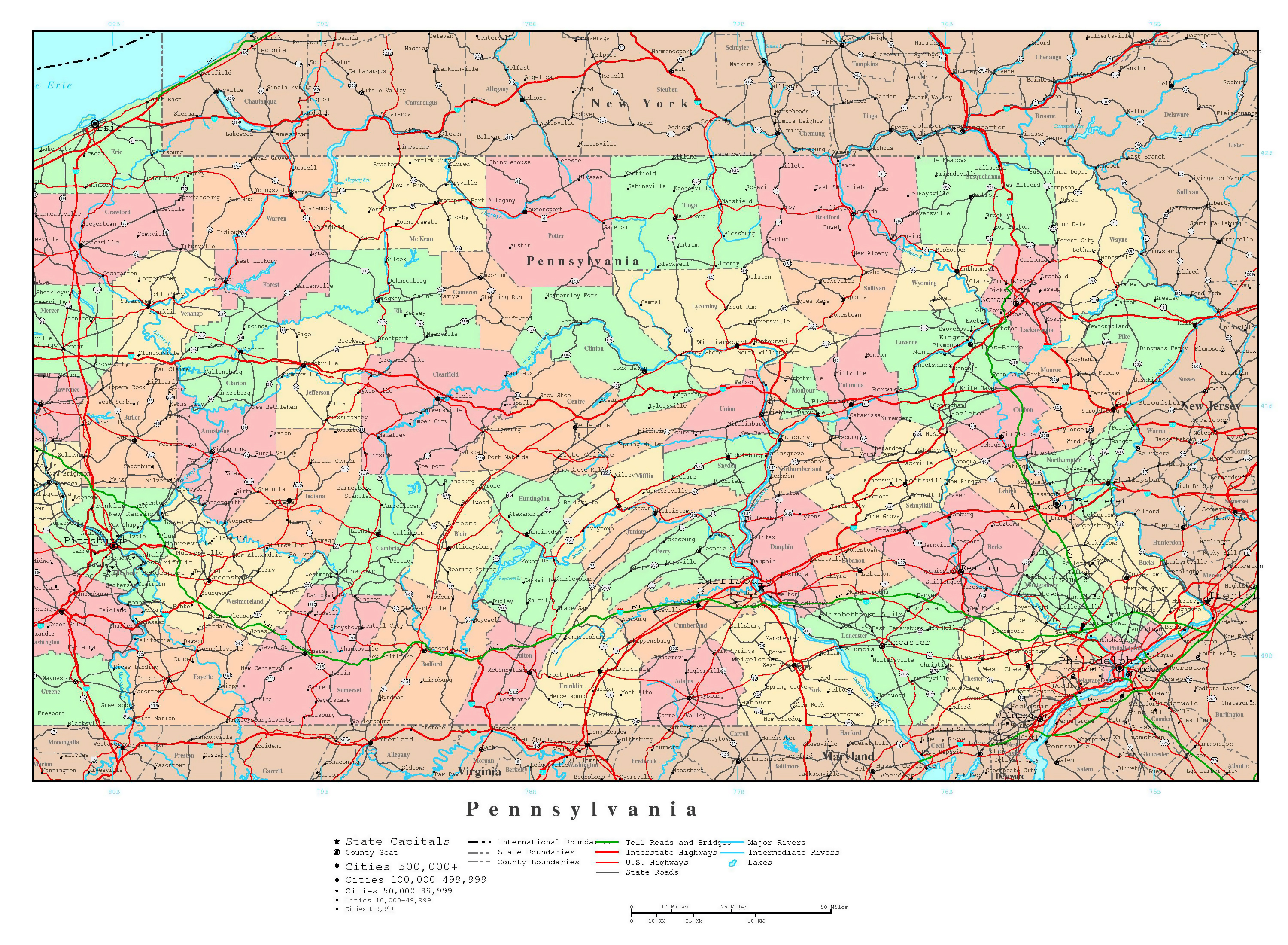 Large Detailed Administrative Map Of Pennsylvania State With Roads Highways And Major Cities 
