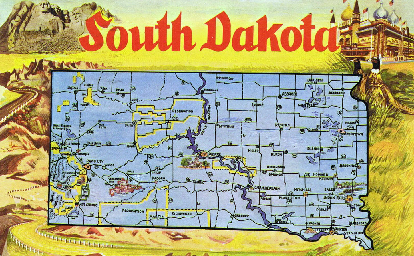 South Dakota Tourist Map Large tourist illustrated map of South Dakota state | South Dakota 