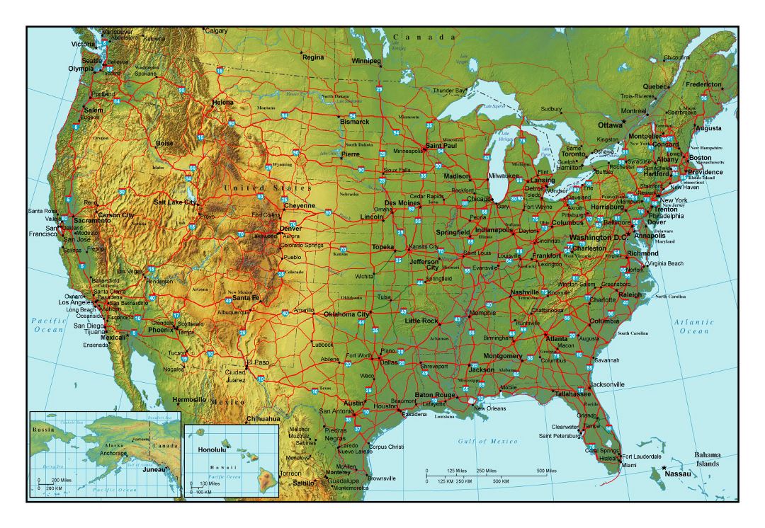 Topographical map of the USA with highways and major cities | USA
