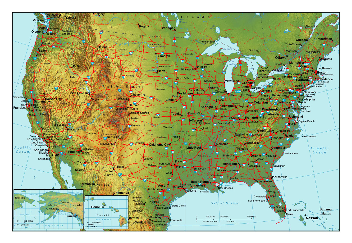 Topographical map of the USA with highways and major cities | USA
