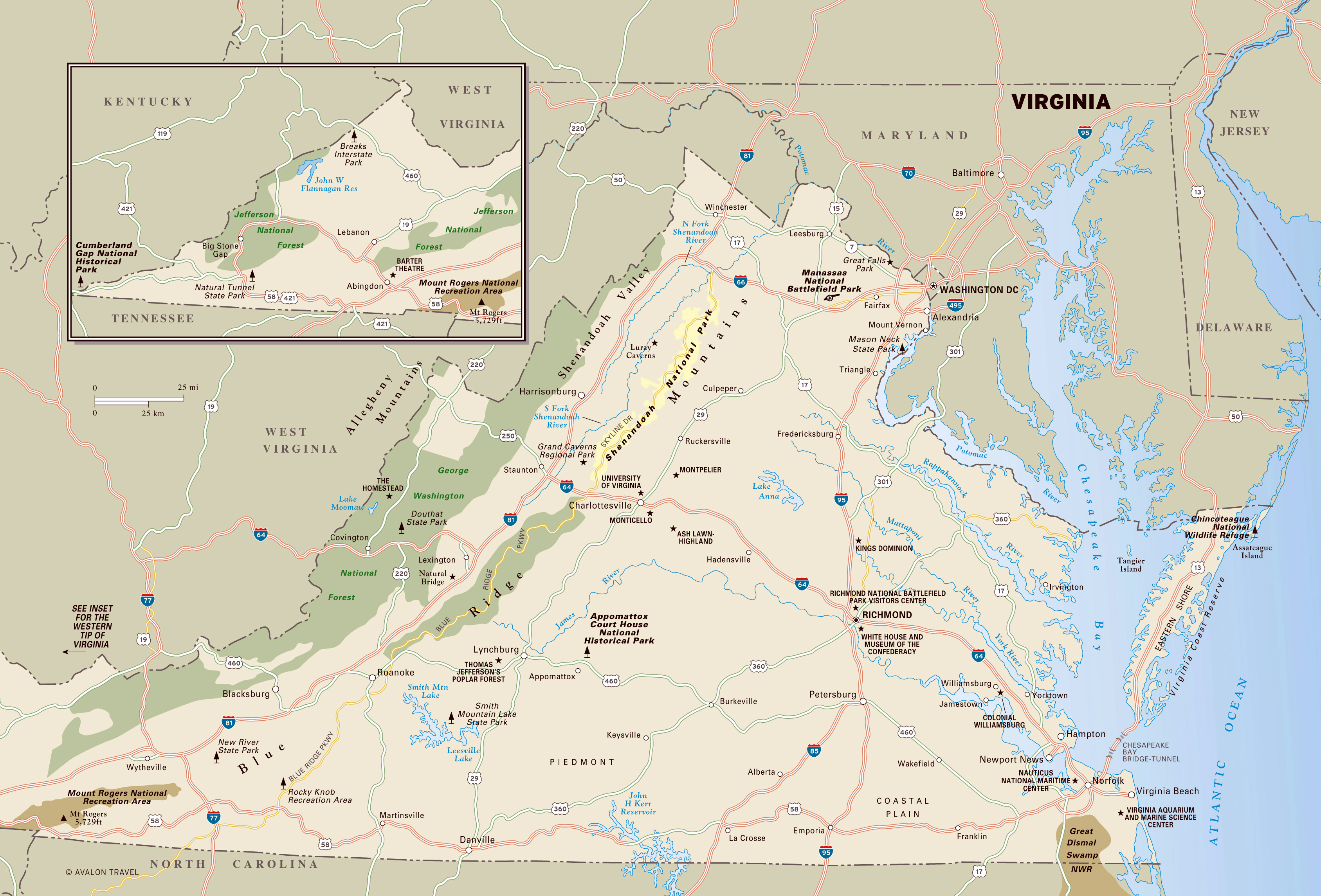 Large Detailed Map Of Virginia State With National Parks Highways And Major Cities 